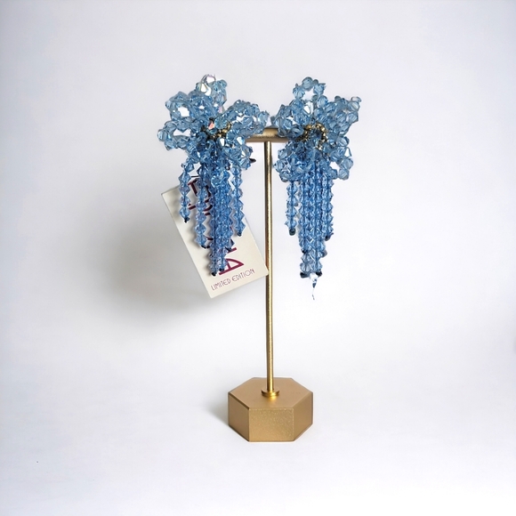 ⚜️VTG Austrian Crystal Sky Blue Beaded Dangle Earrings NWT - Picture 3 of 7